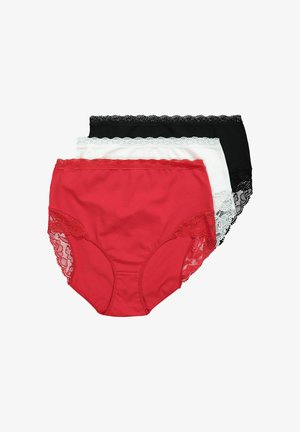 Drei Paare Damenunterwäsche: rot, weiß und schwarz. Jedes mit Spitzenbesatz entlang der Taille und Beine, aus weichem, dehnbarem Stoff.