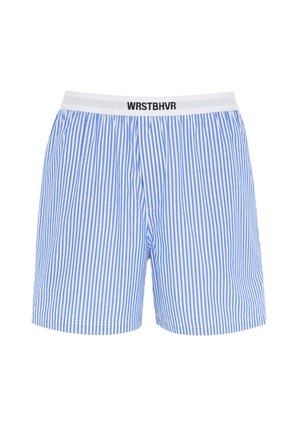 Blue and white striped boxers with an elastic waistband featuring the brand name "WRSTBHVR" in black, made of a soft fabric.