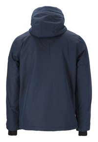 Marineblå, vandtæt jakke med hætte og lange ærmer, med en glat tekstur. Designet til udendørs brug med en minimalistisk stil.