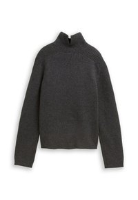 Dunkelgrauer Wollpullover mit hohem Kragen und gerippten Akzenten an Schultern und Ärmeln. Hat einen geraden Schnitt und keine sichtbaren Verschlüsse.