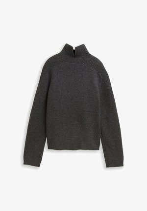 Czary wełniany sweter z wysokim kołnierzem i prążkowanymi akcentami na ramionach i rękawach. Ma prosty krój i brak widocznych zapięć.