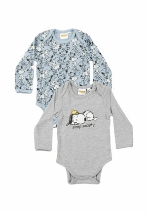 Two long-sleeve baby bodysuits; one light blue with Snoopy pattern, one gray with sleeping Snoopy and yellow Woodstock with "sleep society" text.