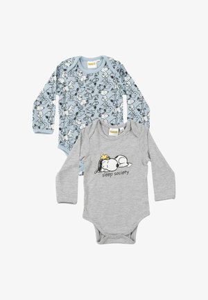Due body per neonato a maniche lunghe; uno azzurro chiaro con motivo Snoopy, uno grigio con Snoopy che dorme e Woodstock giallo con la scritta "sleep society".