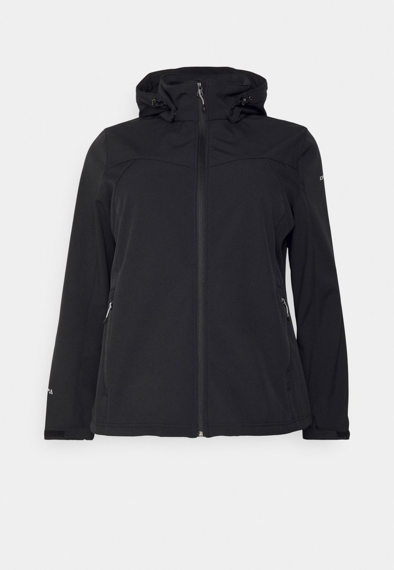 Veste softshell noire à manches longues avec fermeture éclair avant, poches latérales zippées, capuche ajustable et poignets à Velcro, présentée sur fond blanc.