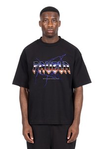 Black short-sleeve t-shirt made of cotton, featuring a bold graphic in silver and purple with lightning motifs and the text "METALHEAD REVOLUTION."