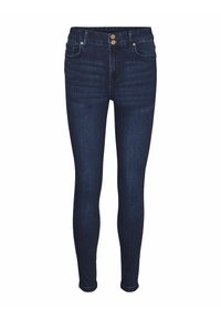 Lieknos džinsai tamsiai mėlynos denim medžiagos. Vidutinio aukščio juosmuo su dviem priekinėmis kišenėmis ir subtiliomis siūlėmis. Priekyje yra dvi sagos.