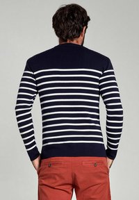 Maglione blu navy con strisce bianche orizzontali, colletto rotondo, polsini e orlo a costine, abbinato a pantaloni color ruggine.