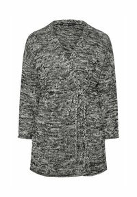 Stickad omslagskofta i svart och vitt med V-ringning, långa ärmar, knytning i midjan och två framfickor. Mjukt, strukturerat tyg.