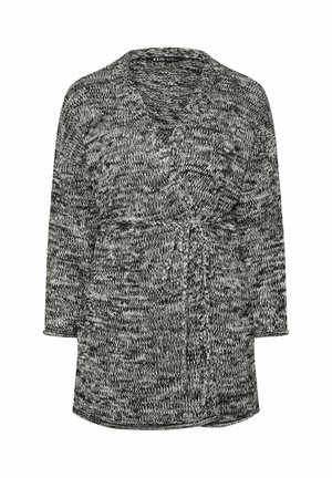 Cardigan de punto en negro y blanco con escote en V, mangas largas, cinturón a la cintura y dos bolsillos de parche en la parte delantera. Tejido suave y texturizado.