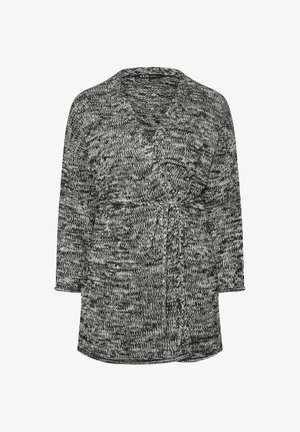 Strik indpakningscardigan i sort og hvid med V-hals, lange ærmer, taljebånd og to forreste lommeposer. Blødt, tekstureret stof.