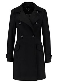 Svart dubbelknäppt rock med reverskrage, figursydd klippning, två framfickor och knäppta ärmar. Tillverkad av ett texturerat tyg.