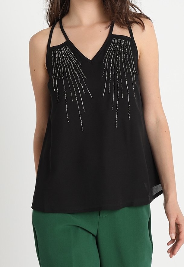 Black sleeveless top with a V-neck design, featuring silver beading arranged in vertical lines along the front. Smooth fabric and relaxed fit.