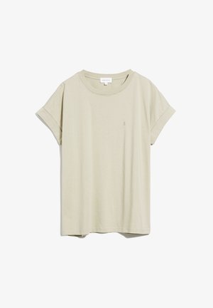 Beige katoenen T-shirt met korte mouwen, opgerolde mouwen en een klein geborduurd logo op de linkerborst.