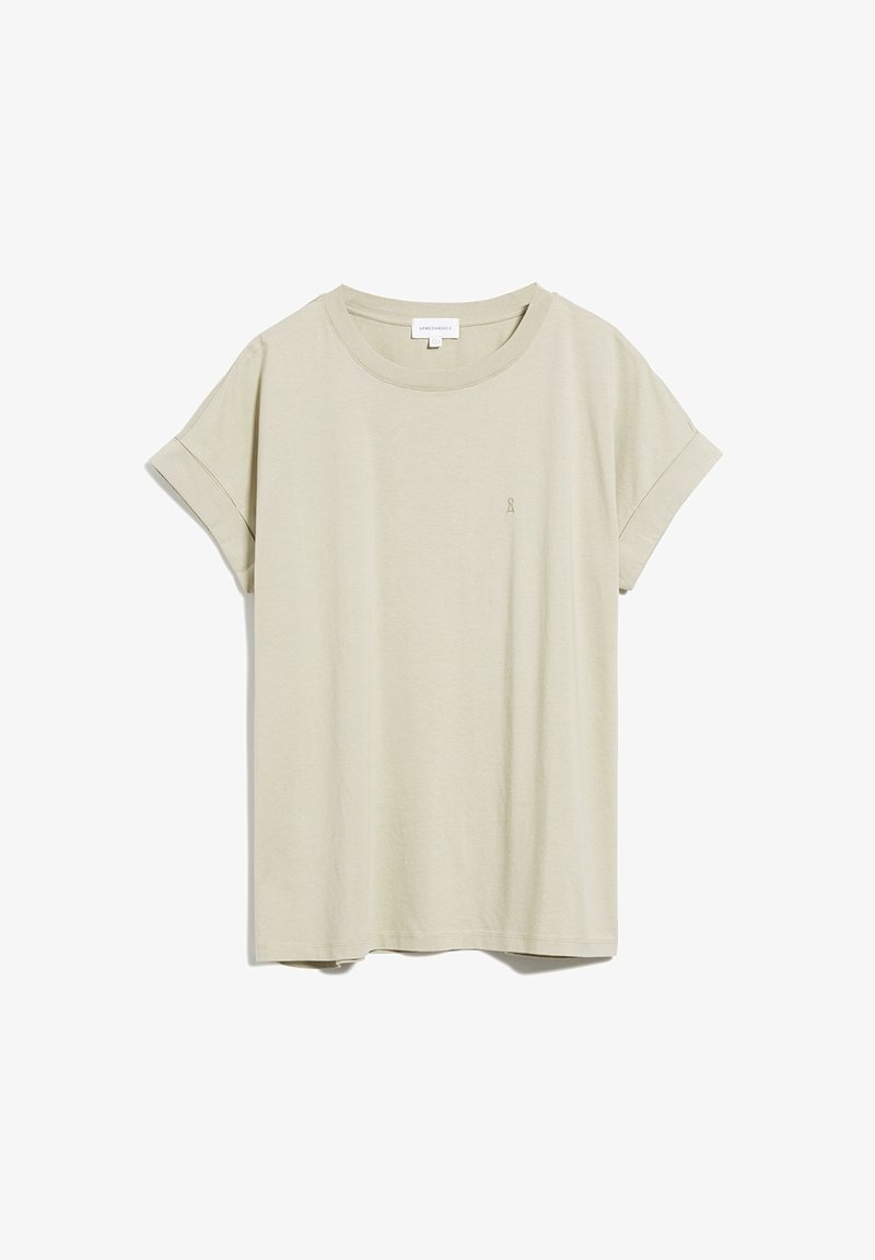 Light beige cotton t-shirt with a round neckline, short rolled sleeves, and a small embroidered detail on the left chest area. Smooth texture.