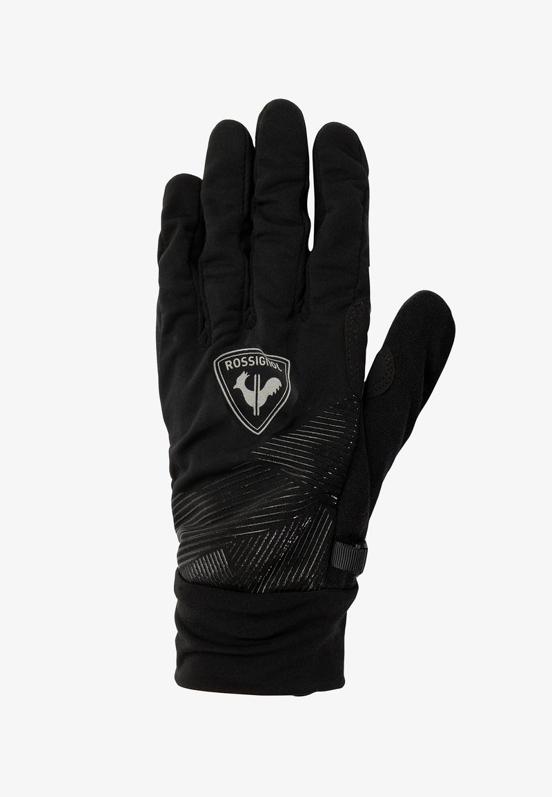 Gant de hiver noir avec une surface texturée, un patch logo et des motifs de rayures diagonales pour une meilleure prise et chaleur.