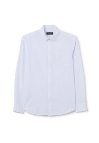 Camisa de manga larga azul claro con rayas verticales blancas, cuello con botones, un bolsillo en el lado izquierdo del pecho y cierres de botón. Material de mezcla de algodón.