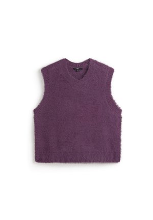 Veste en tricot violet duveteux sans manches avec un col en V, étalée à plat sur un fond blanc.