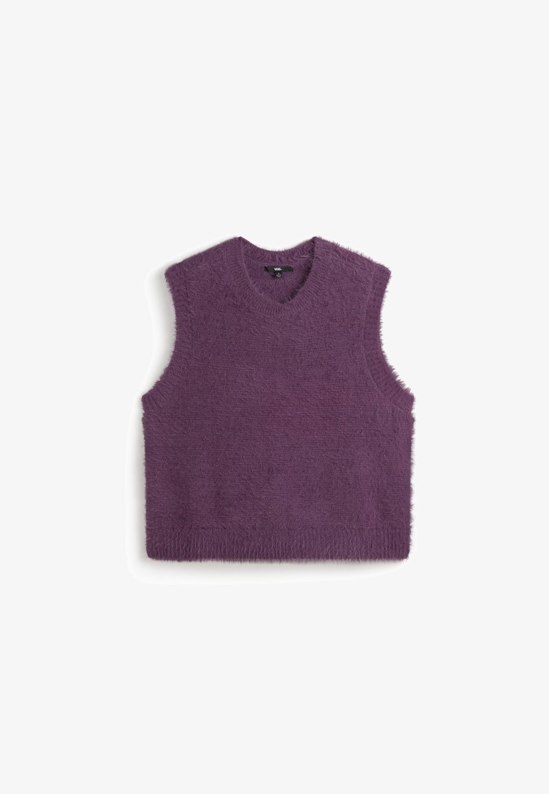 Veste en tricot violet duveteux sans manches avec un col en V, étalée à plat sur un fond blanc.