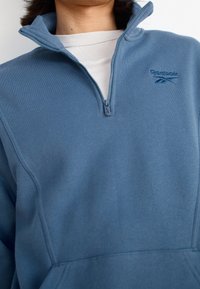 Blå fleecetröja med halv dragkedja. Har en Reebok-logotyp, hög krage och långa ärmar. Slät textur och enkel design.