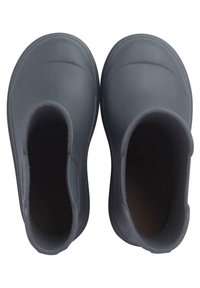 Sabots en caoutchouc gris avec une surface lisse, un bout arrondi et un design à talon ouvert. L'intérieur est de couleur sombre, indiquant un matériau pour le confort.