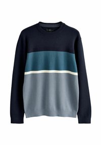 Kootud sviiter ümmarguse kaelusega, navy, teal ja heledat halli värvibloki disainiga. Pehme tekstuur, minimalistik stiil.
