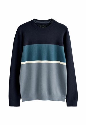 Strickpullover mit Rundhalsausschnitt, ausgestattet mit einem Farbkombinationsdesign in Marineblau, Petrol und Hellgrau. Weicher Stoff, minimalistischer Stil.