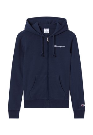 Granatowa bluza z kapturem na zamek wykonana z bawełnianej mieszanki, wyposażona w kaptur ze sznurkiem, przednie kieszenie oraz małe białe logo na klatce piersiowej.