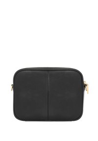 Czarna skórzana torba o gładkiej fakturze, prostokątnym kształcie i złotych suwaczkach. Posiada subtelne przeszycia i zaokrąglone krawędzie.