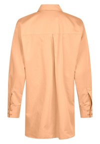 Chemise manches longues couleur pêche avec un pli au dos, un col et des poignets à boutons. Tissu lisse avec une coupe classique et un ourlet droit.