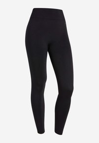 Leggings neri realizzati in materiale elasticizzato, con un alto punto vita e una texture liscia e opaca. Nessun motivo o hardware visibile.