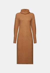 Robe en tricot avec col roulé dans un brun chaud, dotée de manches longues et d'un motif en câble texturé. Design ajusté de longueur intermédiaire.