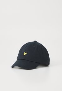 Cască de baseball din bumbac de culoare bleumarin, cu un cozoroc curbat, având un mic logo brodat aurit în față și șase orificii de ventilație.