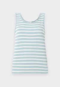 Lichtblauw tanktop met witte horizontale strepen, gemaakt van zachte stof. Heeft een ronde halslijn en is mouwloos.