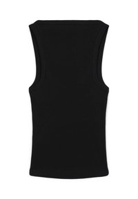 Top senza maniche di colore nero con una texture a coste. Presenta un collo rotondo e un colore solido, progettato per semplicità e comodità.