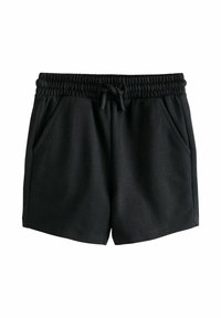 Fekete, laza rövidnadrág rugalmas derékpánttal, húzózsinórral és két első zsebbel, fehér háttéren.