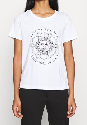 White cotton t-shirt featuring a black graphic design with a sun and moon motif, surrounded by a geometric pattern and text in a circular layout.