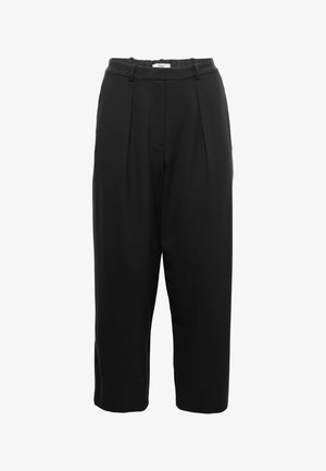 Schwarze Hose aus einem weichen, strukturierten Stoff. Verfügt über eine hohe Taille, strukturierte Falten und eine bequeme Passform mit geraden Beinen.