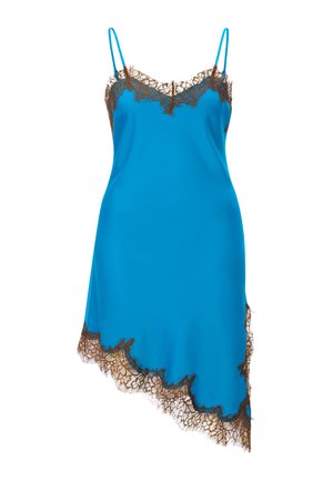 Vestito sottoveste in satin blu con rifiniture in pizzo marrone sullo scollo, sui lati e sull'orlo asimmetrico, con sottili spalline.