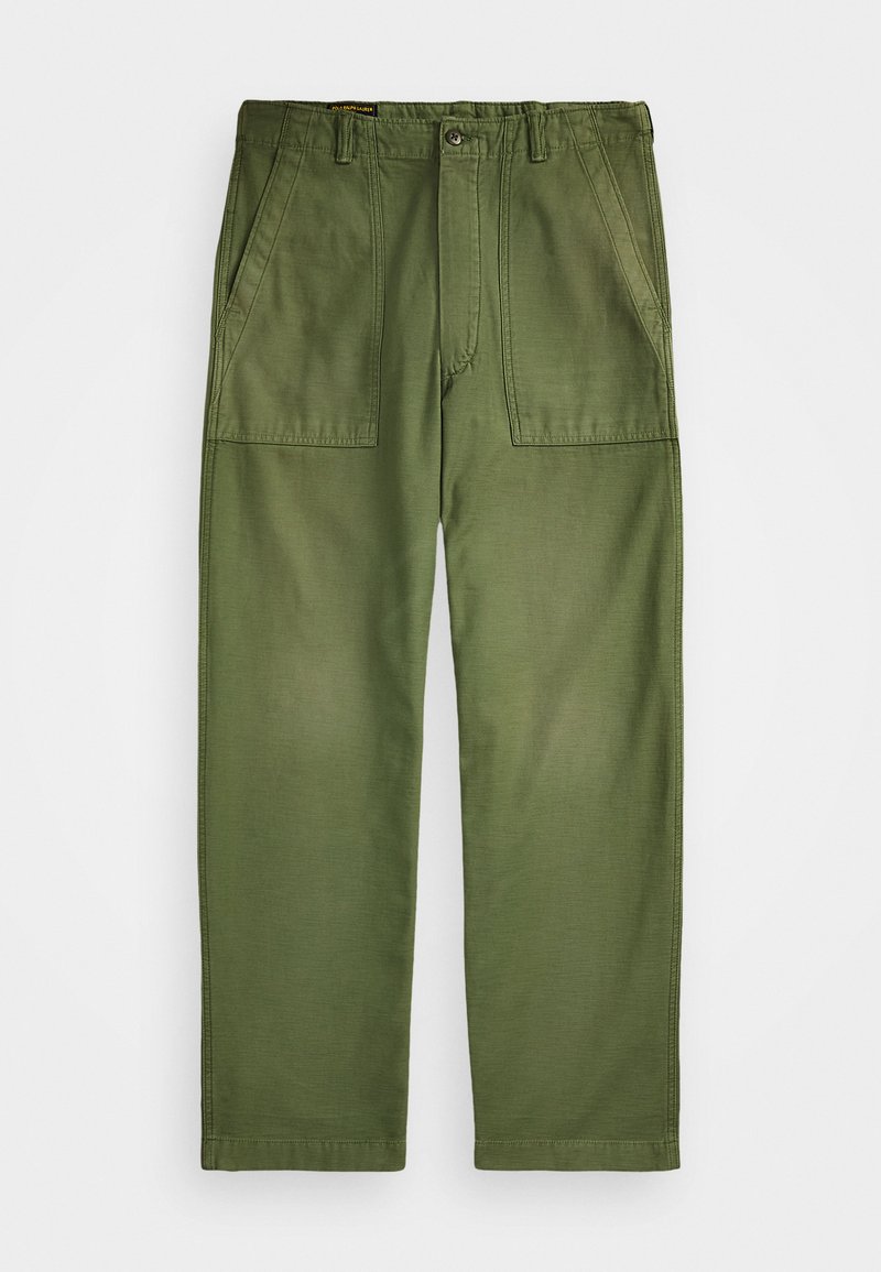 Green cotton trousers with a relaxed fit, featuring two front pockets and a button closure. Smooth texture and straight leg design.