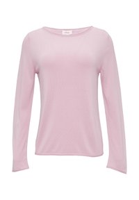 Jasnoróżowa bluzka z długim rękawem, wykonana z miękkiego materiału, z dekoltem w serek i luźnym krojem oraz przeszytymi detalami u dołu.