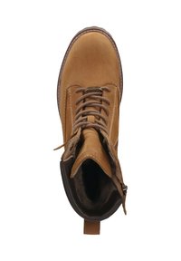 Brauner Lederstiefelette mit Schnürsystem, gepolstertem Kragen und profiliertem Absatz. Verfügt über ein glattes Obermaterial und eine Zuglasche an der Ferse.