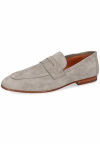 Grijze suède loafers met een slank ontwerp, amandelvormige neus en instapstijl. Bevat een gestikt detail over de wreef en een leren zool.
