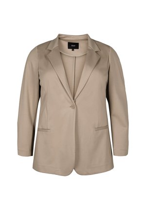 Blazer beige avec un col cranté, deux poches avant, fermeture à un bouton et une texture lisse. Conçu avec des manches trois-quarts.