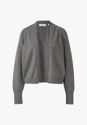 Szary sweter kardigan z dzianiny z otwartym przednim panelem, ściągaczami na mankietach i dole. Miękka faktura z subtelnym wzorem na całej powierzchni. Etykieta widoczna w środku.