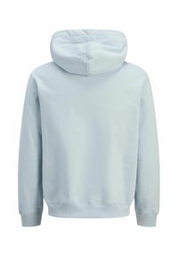 Sudadera con capucha de un azul claro, con puños y dobladillo acanalados. Tejido suave y texturizado, que presenta un diseño simple y sin adornos, sin logotipos visibles.