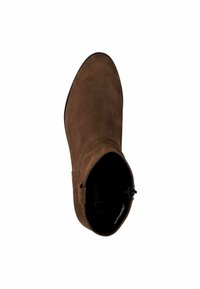 Brown suede ankle boot with a pointed toe, side zipper, and subtle stitching details, featuring a smooth texture and low heel.