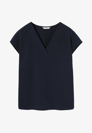 Sötétkék, rövid ujjú felső, V-nyakú dizájnnal. Simább anyagból készült, laza illeszkedésű és tiszta szegéllyel rendelkezik. Egyszerű és sokoldalú stílus.