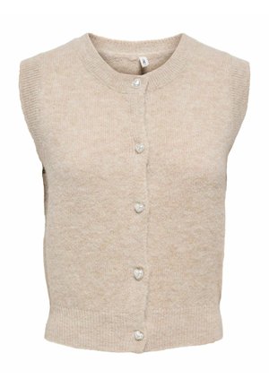 Beige ærmeløs strikket vest med rund hals og forreste række af knapper formet som hjerter.