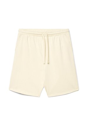 Baumwollshorts in Cremefarbe mit elastischem Bund und Kordelzug, ausgestattet mit Seitentaschen und einem lockeren Schnitt.