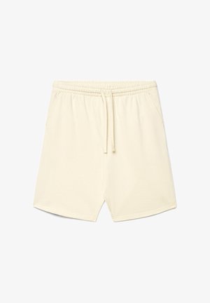 Baumwollshorts in Cremefarbe mit elastischem Bund und Kordelzug, ausgestattet mit Seitentaschen und einem lockeren Schnitt.